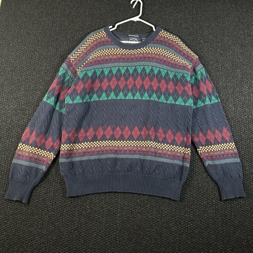Vintage Salty Dog Gant Mens XL Cotton Knit Fair Isle Argyle Crew Sweater Navy